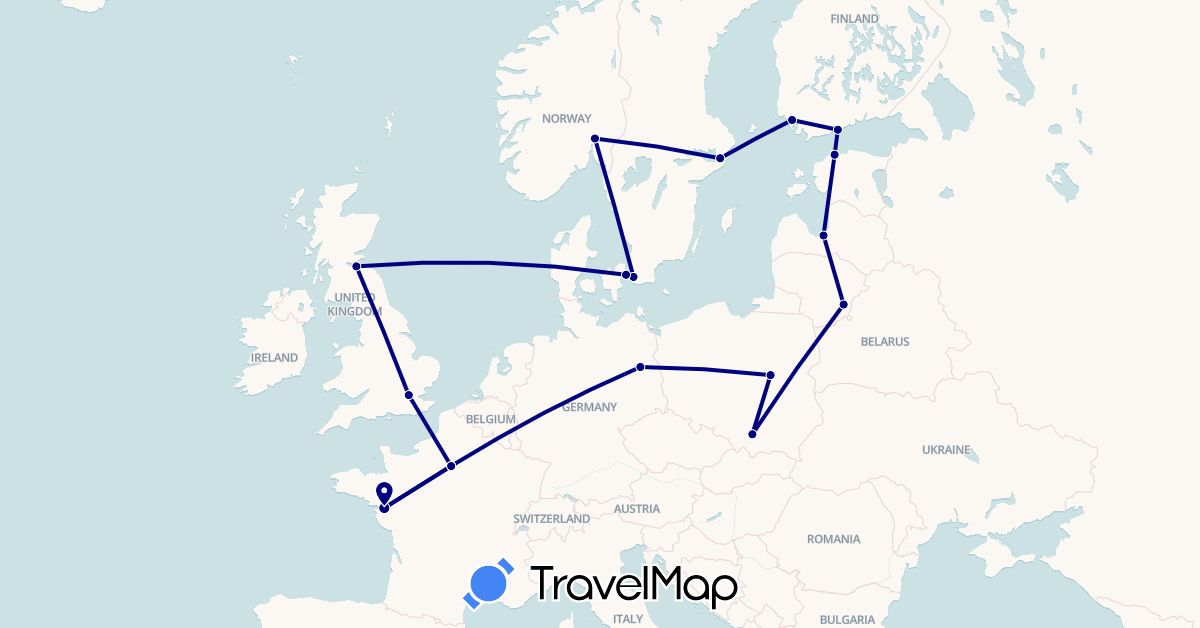 TravelMap itinerary: driving in Germany, Denmark, Estonia, Finland, France, United Kingdom, Lithuania, Latvia, Norway, Poland, Sweden (Europe)